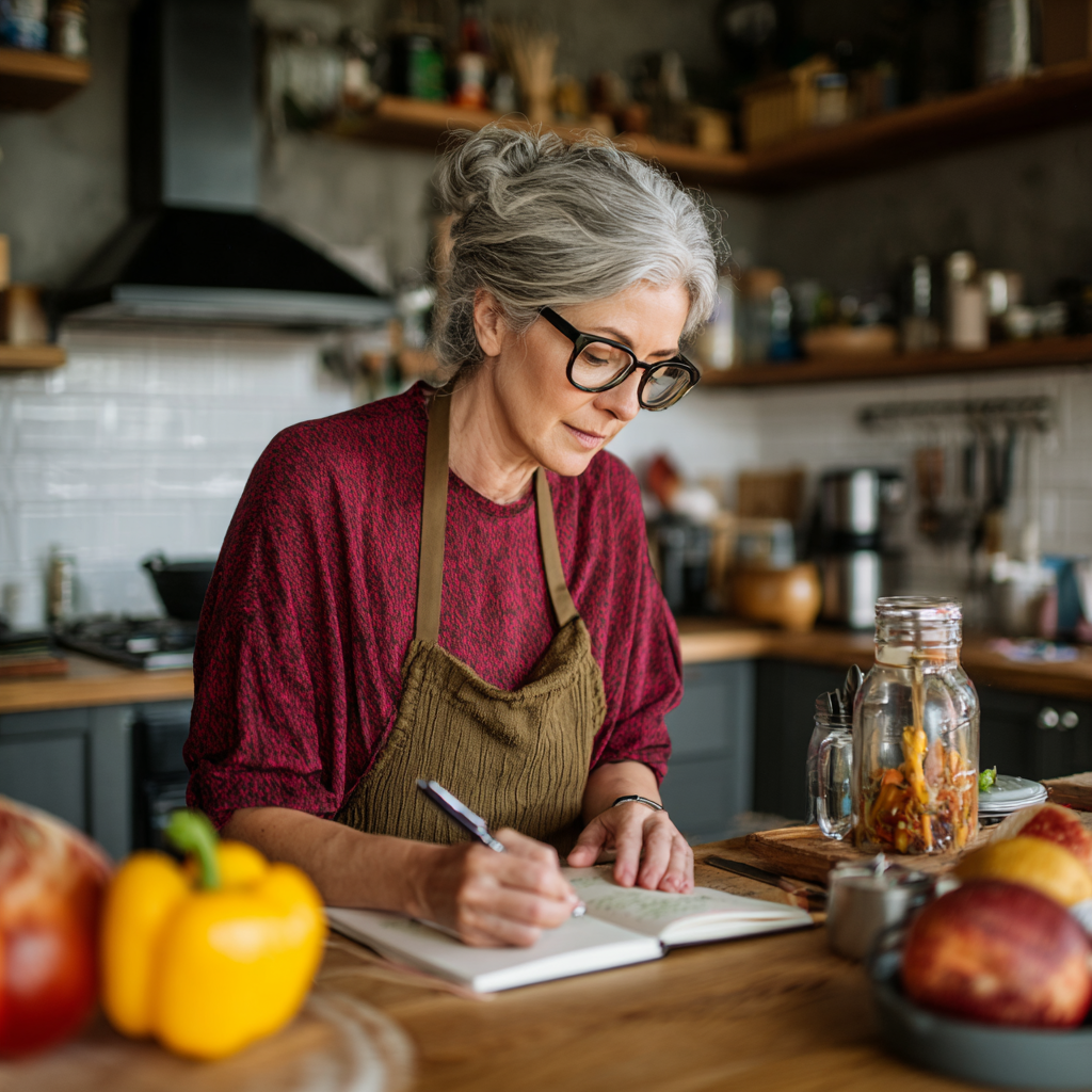 50 years old woman organizing weekly meal plans in kitchen