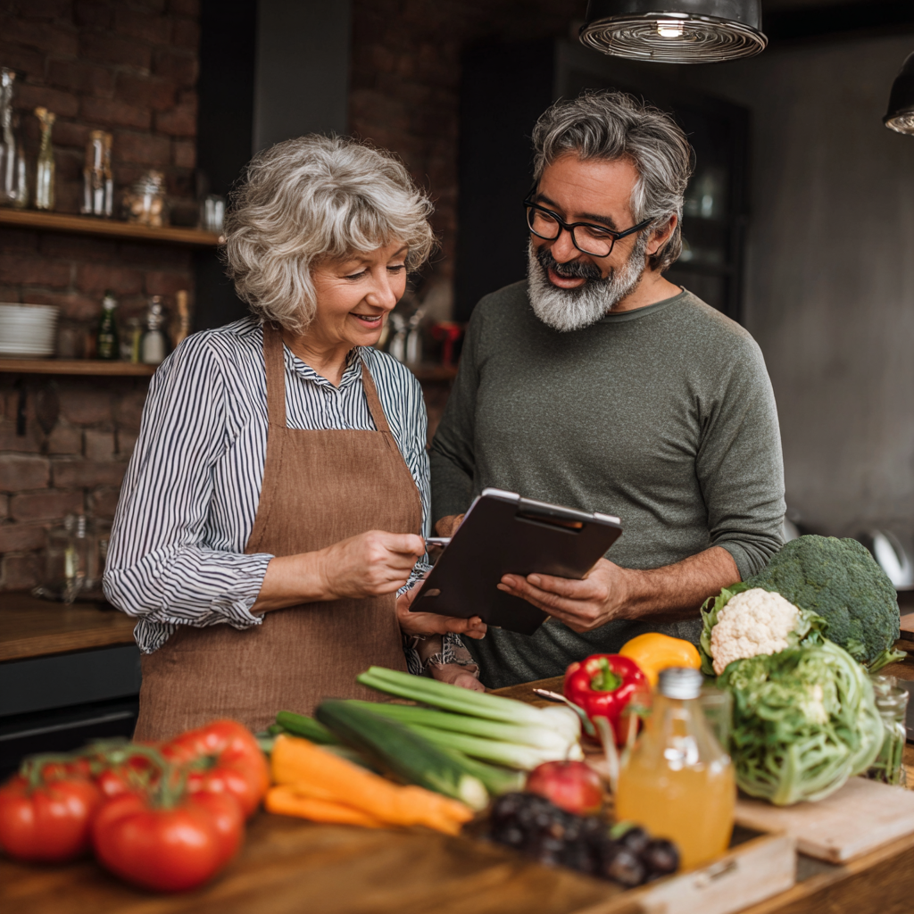 51 years old nutritionist consulting with 51 years old client about personalized meal planning
