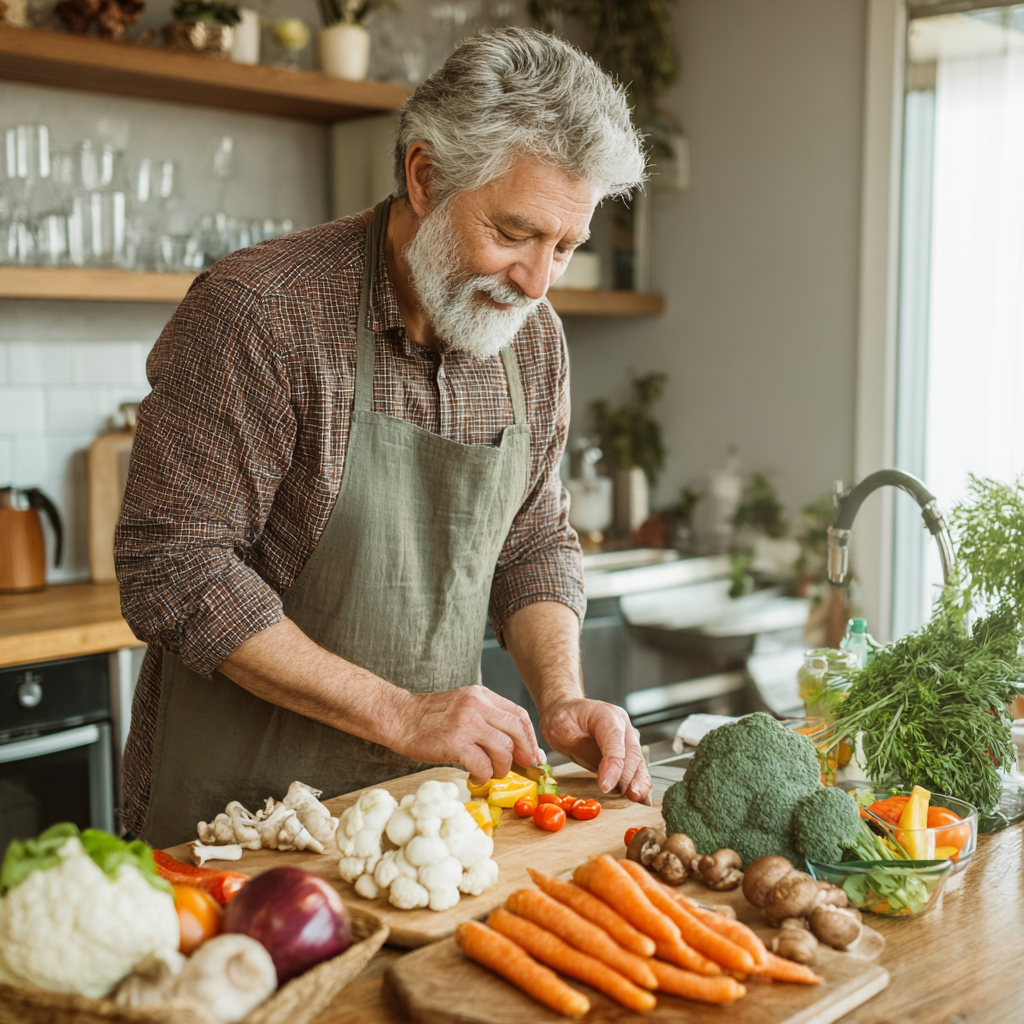 53 years old man preparing healthy meal in kitchen